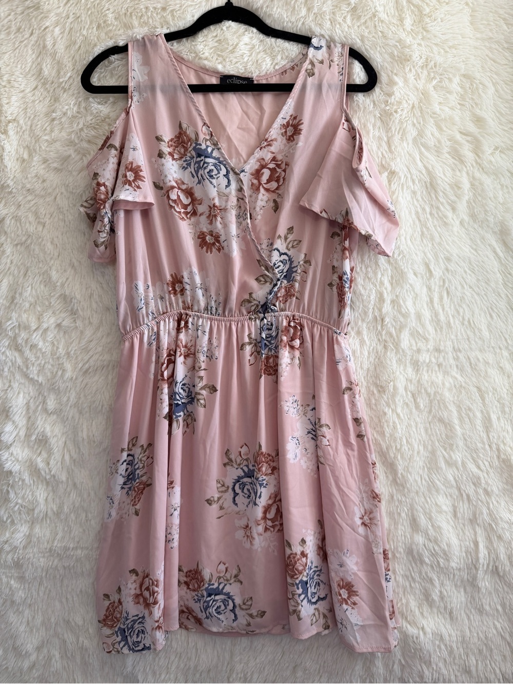 Eclipse Womens Cottagecore Floral Cold Shoulder Mini Dress Size L Pink Lined